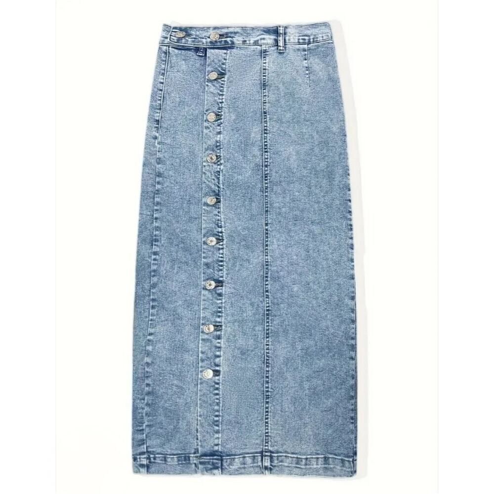Shein high waisted straight button front denim midi skirt sz S